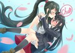  arms_around_neck black_hair blush carrying closed_eyes commentary forehead_kiss gloves hatsushimo_(kantai_collection) kantai_collection kiss long_hair multiple_girls onomatopoeia open_mouth petals ponytail princess_carry school_uniform very_long_hair yahagi_(kantai_collection) yuri zaki_(2872849) 