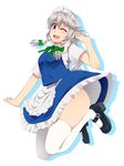  apron ass braid hayashi_custom highres izayoi_sakuya jumping maid maid_headdress mary_janes one_eye_closed open_mouth red_eyes shirt shoes short_sleeves silver_hair skirt skirt_set smile solo thighhighs thighs touhou twin_braids vest waist_apron white_legwear 