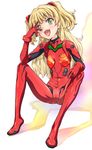  :d absurdres bangs blonde_hair blush bodysuit bracer cosplay crotch duct_tape fangs flat_chest full_body gloves gradient green_eyes hair_ornament head_tilt highres idolmaster idolmaster_cinderella_girls jougasaki_rika knees_up long_hair looking_at_viewer neon_genesis_evangelion open_mouth pilot_suit plugsuit rebuild_of_evangelion shadow shikinami_asuka_langley shikinami_asuka_langley_(cosplay) simple_background sitting smile solo souryuu_asuka_langley souryuu_asuka_langley_(cosplay) spread_legs star!! suzuki24 tongue tongue_out turtleneck two_side_up v v_over_eye white_background 