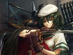  cape clenched_teeth eyepatch gloves green_eyes green_hair grin hat holding holding_sword holding_weapon kantai_collection kiso_(kantai_collection) looking_at_viewer machinery nogiguchi_kohiro red_ribbon remodel_(kantai_collection) ribbon school_uniform serafuku short_hair short_sleeves smile solo sword teeth upper_body weapon 
