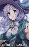  aqua_eyes bangs blush circlet copyright_name dress fur_trim granblue_fantasy green_dress hat lavender_hair lennah long_hair long_sleeves looking_away looking_to_the_side parted_lips sketch solo staff upper_body wide_sleeves witch_hat yashiro_seika 