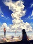  arms_at_sides black_hair blue_dress blue_sky blurry building city cityscape cloud cloudy_sky day depth_of_field dress facing_away from_behind horizon long_hair looking_afar m.b original outdoors power_lines rooftop scenery signature sitting sky solo transmission_tower 