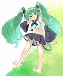  :d barefoot detached_sleeves fang feet furukawa_itsuse glasses green_eyes green_hair hatsune_miku highres legs long_hair navel open_mouth sailor_collar semi-rimless_eyewear smile solo tattoo toes twintails very_long_hair vocaloid 
