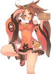  arm_up bamboo_steamer bare_shoulders blush breasts brown_eyes brown_hair china_dress chinese_clothes detached_sleeves dress guilty_gear guilty_gear_xrd hair_tubes hajime_kaname highres kuradoberi_jam large_breasts leg_up long_hair open_mouth panties salute skirt smile solo standing standing_on_one_leg underwear very_long_hair white_panties wide_sleeves 