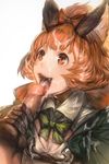  1girl animal_ears aos bow breasts brown_gloves censored cleavage commentary_request cum cum_in_mouth cum_on_body cum_on_upper_body ejaculation facial fangs fellatio gloves granblue_fantasy hair_bow happy happy_facial hetero highres karteira licking male_pubic_hair mosaic_censoring oral orange_eyes orange_hair penis pubic_hair saliva small_breasts solo_focus tongue tongue_out 