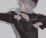  1boy arms_up black_gloves black_hat black_jacket black_shirt collarbone commentary_request ensemble_stars! fur-trimmed_jacket fur_trim gloves grey_background grey_eyes grey_hair hair_between_eyes hat headset highres jacket kome_uo lapels male_focus ogami_koga open_clothes open_jacket open_mouth shirt simple_background solo teeth tongue upper_body upper_teeth_only white_fur 