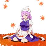  :d ^_^ apron autumn_leaves blush breasts cato_(monocatienus) closed_eyes commentary facing_viewer happy hat juliet_sleeves lapel_pin large_breasts letty_whiterock long_sleeves open_mouth pink_hair polearm puffy_sleeves scarf sitting skirt skirt_basket smile solo touhou trident vest wariza wavy_hair weapon 