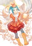  aqua_eyes aqua_hair boots crescent dress eighth_note folie_(cac82622) hat monogatari_(series) musical_note ononoki_yotsugi pantyhose red_dress rubber_boots solo star sun_(symbol) yellow_footwear 