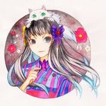  bangs black_hair blue_eyes butterfly_on_hand cat flower hair_flower hair_ornament hair_ribbon japanese_clothes kimono makeup mari_mari nail_polish purple_nails renren_(suiren-ame) ribbon show_by_rock!! solo traditional_media upper_body watercolor_pencil_(medium) 