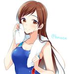  breasts brown_eyes brown_hair competition_swimsuit idolmaster idolmaster_cinderella_girls idolmaster_cinderella_girls_starlight_stage konase_(non_stop!) long_hair medium_breasts nitta_minami one-piece_swimsuit smile solo swimsuit towel towel_around_neck twitter_username 