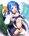  :d asymmetrical_wings bare_shoulders blue_hair blush bow breasts cleavage dizzy guilty_gear hair_bow hair_ribbon hand_on_own_chest large_breasts long_hair looking_at_viewer md5_mismatch navel onsoku_maru open_mouth red_eyes ribbon simple_background smile solo tail tail_ribbon thighhighs twintails underboob white_background wings 