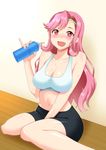  bare_shoulders bike_shorts blush breasts celia_ootsuka cleavage commentary_request fang hairband large_breasts long_hair looking_at_viewer maken-ki! midriff navel open_mouth panties pink_eyes pink_hair pinky_out shamun smile solo sports_bra sweat underwear 