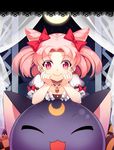  bishoujo_senshi_sailor_moon bow chibi_usa chin_rest crescent curtains double_bun full_moon hair_bow jewelry luna-p moon pendant pink_eyes pink_hair rukun00 smile twintails 