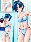  bangs bishoujo_senshi_sailor_moon blue_bow blue_bra blue_eyes blue_hair blue_panties blue_sailor_collar bow bow_bra bow_panties bra breasts clothes_hanger clothes_removed collarbone contrapposto dressing groin highleg highleg_panties medium_breasts midriff mirror mizuno_ami multiple_views navel panties parted_lips polka_dot polka_dot_bra polka_dot_panties reflection sailor_collar school_uniform sen_(sansui) serafuku shiny shiny_skin short_hair standing underwear underwear_only 