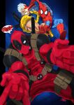  3boys absurdres black_bodysuit blue_bodysuit bodysuit cable_(marvel) clenched_teeth deadpool deadpool_(series) highres marvel multiple_boys red_bodysuit red_mask short_hair sound_effects speech_bubble spider-man spider-man_(series) teeth tovio_rogers two-tone_bodysuit white_hair 