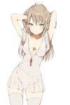  arms_up ass_visible_through_thighs bangs blue_eyes breasts cleavage closed_mouth covered_navel cowboy_shot dress flower frills hands_in_hair light_brown_hair long_hair looking_at_viewer lpip original panties red_ribbon ribbon see-through short_dress short_sleeves simple_background small_breasts smile solo thighhighs underwear white_background white_legwear 