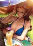  artist_name bare_shoulders bendy_straw bikini black_hair blue_bikini blurry book breasts cleavage closed_mouth cocktail_umbrella day depth_of_field drink drinking_straw elbow_rest eyelashes eyewear_on_head facebook_username food fruit glass grass green_eyes halter_top halterneck hand_on_head korean large_breasts lens_flare lips lipstick long_hair looking_at_viewer magion02 makeup nico_robin no_bangs nose one_piece orange orange_juice orange_slice outdoors parasol ponytail side-tie_bikini signature sitting smile solo stairs strawberry string_bikini sunglasses sunlight swimsuit table text_focus tray triangle umbrella watermark web_address 