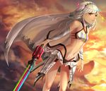  altera_(fate) bodypaint breasts closed_mouth cloud dark_skin detached_sleeves fate/grand_order fate_(series) highres holding holding_sword holding_weapon kkkok_a midriff navel outdoors photon_ray red_eyes small_breasts solo standing sword tattoo veil weapon white_hair 