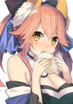  animal_ears baozi bare_shoulders blush breasts chestnut_mouth cleavage eating fate/extra fate_(series) food holding holding_food itohana large_breasts long_hair looking_at_viewer open_mouth pink_hair solo steam tamamo_(fate)_(all) tamamo_no_mae_(fate) upper_body white_background yellow_eyes 