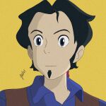  1boy animification black_hair blue_shirt english_commentary facial_hair goatee grey_eyes hair_tie haoin highres long_hair low-tied_long_hair male_focus shirt simple_background smile solo studio_ghibli_(style) the_road_to_el_dorado tulio_(el_dorado) yellow_background 