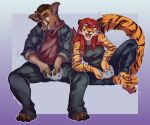 anthro canid canine canis darryl_(psyphix) domestic_dog duo felid feline female gaming hi_res male male/female mammal nintendo nintendo_64 pantherine playing_video_game serialdad tiger tongue tongue_out twitching_tail
