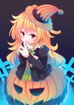  beni_shake blonde_hair braid brown_eyes halloween halloween_costume hat jacket juliet_sleeves kirisame_marisa long_hair long_sleeves looking_at_viewer open_clothes open_jacket open_mouth puffy_sleeves pumpkin_skirt single_braid smile solo touhou very_long_hair 