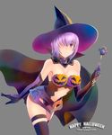  armor bare_shoulders breasts cape cleavage cloak detached_collar elbow_gloves fate/grand_order fate_(series) frown gloves grey_background hair_over_one_eye halloween hat high_collar jack-o'-lantern large_breasts lips looking_at_viewer mash_kyrielight midriff navel pink_hair purple_eyes shiny shiny_hair shirotsumekusa short_hair simple_background skindentation solo thighhighs wand witch_hat 