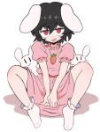  1girl animal_ears black_hair blush dress full_body hair_between_eyes highres inaba_tewi kurachi_mizuki looking_at_viewer open_mouth pink_dress puffy_short_sleeves puffy_sleeves rabbit rabbit_ears rabbit_girl red_eyes ribbon-trimmed_sleeves ribbon-trimmed_swimsuit ribbon_trim short_hair short_sleeves simple_background sitting socks solo spread_legs swimsuit touhou white_background white_rabbit_(animal) white_socks 