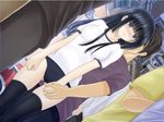  1girl black_hair black_legwear buruma chikan embarrassed grey_hair gym_uniform hetero holding long_hair molestation multiple_boys original purple_eyes shitou_(4h) shizuki_yuri thighhighs 