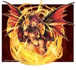  breasts clenched_hands dark_skin demon_girl fire horns huge_breasts navel official_art open_mouth pointy_ears red_hair ros solo thighhighs underboob wings wixoss yellow_eyes 