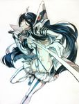  bad_id bad_pixiv_id black_hair blue_eyes junketsu katana kill_la_kill kiryuuin_satsuki long_hair navel pauldrons shiguma_(sigmasmail) solo sword thighhighs weapon 