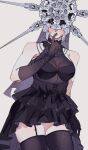  1girl alternate_costume bare_shoulders bead_necklace beads black_gloves black_thighhighs blush breasts covered_eyes dark_souls_(series) dark_souls_i dark_sun_gwyndolin dress garter_straps genderswap genderswap_(mtf) gloves grey_hair grey_helmet hand_up helmet highres jewelry large_breasts layered_dress necklace short_hair simple_background solo spiked_helmet thighhighs zettai_ryouiki zunkome 