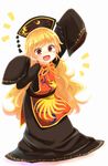  :d absurdres blonde_hair commentary_request dress hat highres junko_(touhou) kibisake long_hair md5_mismatch open_mouth orange_eyes oversized_clothes simple_background sleeves_past_wrists smile solo tabard touhou very_long_hair waifu2x white_background wide_sleeves younger 