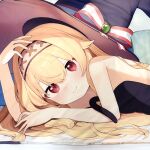  1girl black_cat blonde_hair cat closed_mouth hairband hat hat_ribbon little_witch_nobeta long_hair looking_at_viewer lying nobeta official_art phyllis_(cat)_(little_witch_nobeta) phyllis_(little_witch_nobeta) purple_hat red_eyes ribbon smile solo topless witch_hat 