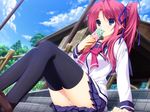  amagase_yuuki black_legwear blue_eyes blue_ribbon food game_cg hair_ribbon ice_cream iizuki_tasuku licking long_hair lovely_x_cation panties pink_panties red_hair ribbon school_uniform side_ponytail skirt solo thighhighs underwear 