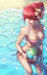  beach_volleyball bikini breasts cleavage earrings flower hair_flower hair_ornament hair_over_eyes hibiscus jewelry large_breasts necklace open_mouth pink_bikini red_hair shell shermie side-tie_bikini solo spade-m swimsuit the_king_of_fighters wading water 