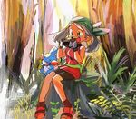  bandana bike_shorts blue_eyes brown_hair dress eating fanny_pack food forest gen_3_pokemon gloves haruka_(pokemon) hat kaeru_touritsu mudkip nature onigiri open_mouth orange_dress pokemon pokemon_(creature) pokemon_(game) pokemon_emerald pokemon_rse shoes sitting sleeveless sleeveless_dress socks 