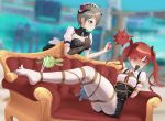  alternate_costume arms_behind_back blurry blurry_background blush bound bound_arms bound_legs brown_hair couch danta_(mtsk2455) feet frills gloves hair_over_one_eye highres honkai_impact horns maid multiple_girls nikola_tesla_(honkai_impact) no_shoes pantyhose puffy_sleeves purple_eyes red_eyes red_hair restrained rita_rossweisse shibari single_glove tied_up twintails 