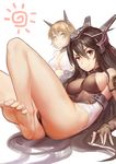  areola_slip areolae atorosu bare_shoulders barefoot black_hair breasts brown_hair covered_nipples feet gloves green_eyes headgear highres kantai_collection long_hair medium_breasts multiple_girls mutsu_(kantai_collection) nagato_(kantai_collection) red_eyes short_hair 