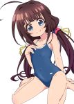  arm_behind_back barefoot blue_eyes blue_swimsuit brown_hair cameltoe commentary_request covered_navel feet flat_chest hand_on_own_chest highres hinatsuru_ai hokoro long_hair low_twintails one-piece_swimsuit ryuuou_no_oshigoto! school_swimsuit simple_background sitting smile swimsuit toes twintails very_long_hair white_background 