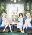  3girls armchair bad_source barefoot blonde_hair blue_eyes brown_hair cat chair curtains day dog dress indoors lamp long_hair looking_at_viewer luminous_witches lyudmila_andreyevna_ruslanova moffy_(luminous_witches) multiple_girls official_art open_mouth plant railing rug shibuya_inori short_hair sitting stuffed_animal stuffed_toy sundress table virginia_robertson window world_witches_series 