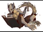 2024 anthro arthropod big_tail book bottomwear capcom claws clothed clothing ears fan_character fanged_wyvern feet foot_focus full_pad fuse_(razim) grey_body grey_scales insect kredri lunagaron male monster_hunter orange_body orange_eyes orange_scales padded_palms paws scales scalie shirtless shorts shorts_only spikes tail tobi-kadachi tobi-lunagaron toe_claws topless