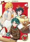  3boys aether_(genshin_impact) alternate_costume antlers aqua_hair bell black_hair blonde_hair box braid brown_pants brown_shorts christmas christmas_present closed_mouth deer_antlers doll fake_antlers genshin_impact gift gift_box grey_pants hair_between_eyes highres holding holding_doll horns jacket long_hair long_sleeves male_focus multicolored_hair multicolored_shirt multiple_boys open_mouth pants pantyhose sack shorts smile socks stuffed_animal stuffed_toy suya_(suya_ny) sweater teddy_bear venti_(genshin_impact) white_jacket white_pantyhose white_sweater xiao_(genshin_impact) yellow_eyes yellow_sweater 