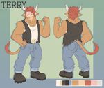  biceps big_muscles boots clothing color_scheme flexing footwear fur hair highland_cattle horn jacket jeans lucaloo male model_sheet muscular pose red_fur red_hair solo terry_(thorsoneyja) vest 