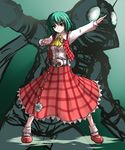  1girl brown_eyes crossover flower green_hair henshin henshin_pose highres kamen_rider kamen_rider_v3 kamen_rider_v3_(series) kazami_shirou_(kaizou-zumi) kazami_yuuka necktie parody plaid plaid_skirt plaid_vest pose rider_belt skirt touhou vest yellow_neckwear 