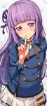  aikatsu! aikatsu!_(series) arms_behind_back blush finger_to_mouth hair_ribbon haruken hikami_sumire long_hair looking_at_viewer purple_eyes purple_hair ribbon smile solo 