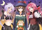  4girls :d ahoge anti_(untea9) bare_shoulders black_gloves blue_eyes braid cape commentary_request costume elbow_gloves fake_horns gloves hair_ornament hair_ribbon hairband halloween hat highres jack-o'-lantern kantai_collection kawakaze_(kantai_collection) long_hair multiple_girls open_mouth outstretched_hand pentagram red_hair remodel_(kantai_collection) ribbon school_uniform serafuku shigure_(kantai_collection) silver_hair single_braid smile twintails umikaze_(kantai_collection) v-shaped_eyebrows vampire_costume wings witch witch_hat yuudachi_(kantai_collection) 