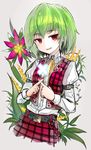  arm_belt ascot belt crossed_fingers flower green_hair highres kazami_yuuka kusakanmuri open_mouth plaid plaid_skirt plaid_vest red_eyes short_hair skirt skirt_set smile solo touhou vest 