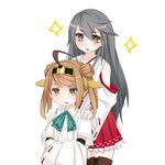  antenna_hair ascot bare_shoulders black_hair brown_eyes commentary_request cosplay detached_sleeves double_bun dress_shirt hair_bun hair_ornament hairband hairclip haruna_(kantai_collection) headgear headgear_removed japanese_clothes kantai_collection kongou_(kantai_collection) kongou_(kantai_collection)_(cosplay) light_brown_hair long_hair michishio_(kantai_collection) multiple_girls nontraditional_miko open_mouth shirt short_hair short_twintails skirt smile sparkle sparkling_eyes suspenders tun twintails yellow_eyes 
