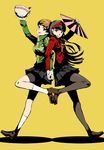  amagi_yukiko back-to-back bangs bike_shorts black_hair black_legwear bowl brown_hair fan folding_fan food hairband highres holding jacket kneehighs long_hair long_legs looking_at_viewer multiple_girls nanaya_(daaijianglin) noodles pantyhose paper_fan persona persona_4 pleated_skirt ramen satonaka_chie short_hair skirt track_jacket white_legwear yellow_background 